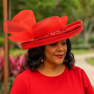 Elegant Red Wide Brim Hat Formal Fashion Tulle Bow Sequin Statement Church Derby